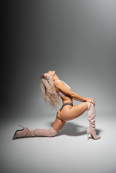 full length of passionate woman with toned body and dyed ash blonde hair posing in lace lingerie and high boots on grey background with copy space, sexy pose, confidence and individuality, side view - 写真・画像