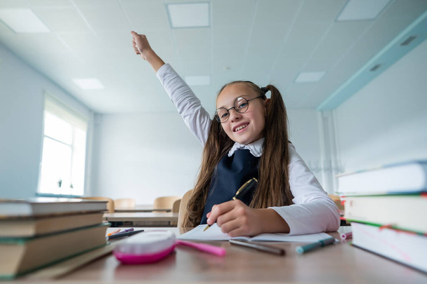 Caucasian girl with two ponytails sits at her desk and raises her hand up to answer the teachers question - Valokuva, kuva