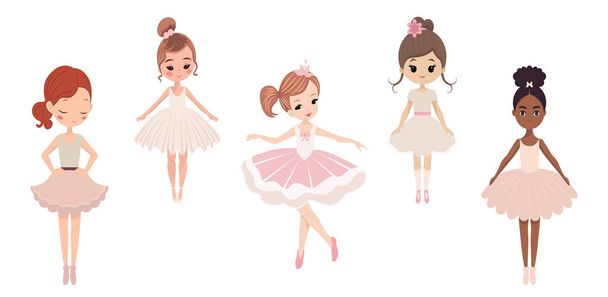 Słodka dziewczyna baleriny taniec. Pięć wielokulturowych balerin. Afroamerykańskie dziecko nosić różowy Tutu sukienka i taniec Pointe szkolenia. Biały balet Baby Girl Cartoon wektor ilustracji - Wektor, obraz