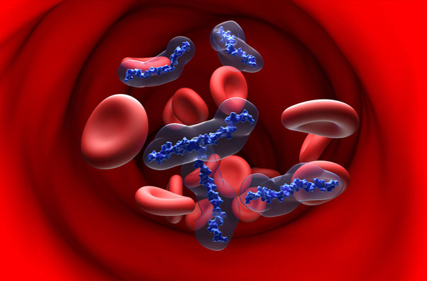 Moléculas anticoagulantes de heparina (HNF) en el flujo sanguíneo - ver ilustración en 3D - Foto, imagen