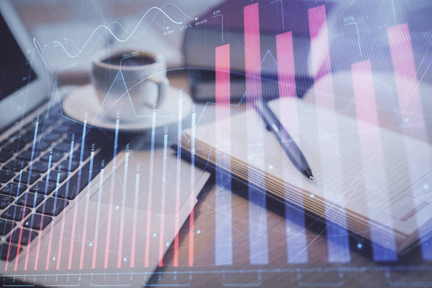 Double exposure of forex chart drawing and desktop with coffee and items on table background. Concept of financial market trading - Fotografie, Obrázek