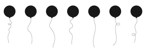 Set of black silhouette party balloons tied with strings. Vector illustration in cartoon style - Vektori, kuva