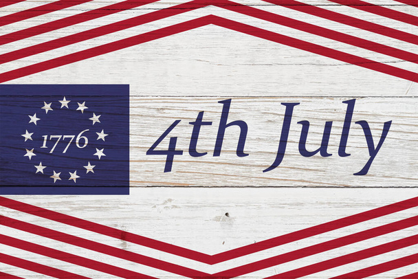 Happy 4th July on vintage old Betsy Ross 13 stars weathered US American flag - Foto, Imagem