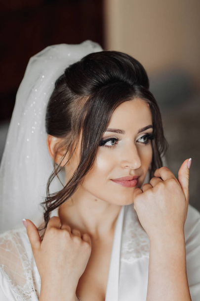 Portrait of a brunette bride touching her face. Gorgeous make-up and hair. Voluminous veil. Wedding photo. Beautiful bride - Foto, afbeelding