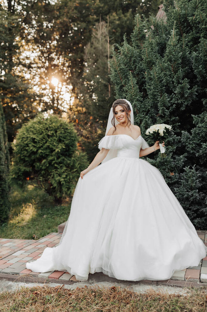 portrait of the bride in nature. A brunette bride in a voluminous dress and veil, standing, posing with a bouquet against the background of a forest and a wooden hut. A beautiful ray of the sun. - Foto, imagen