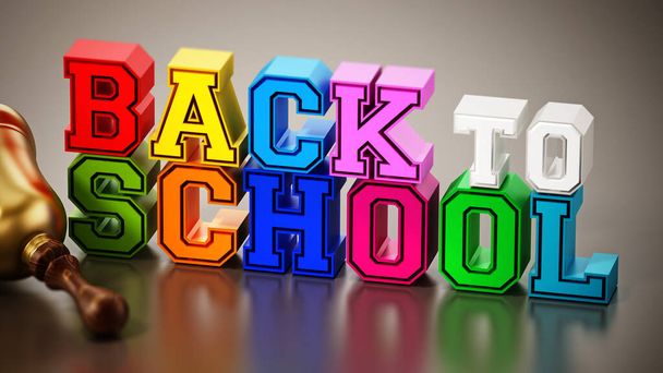 Back to school text and school bell on reflective surface. 3D illustration. - Foto, imagen