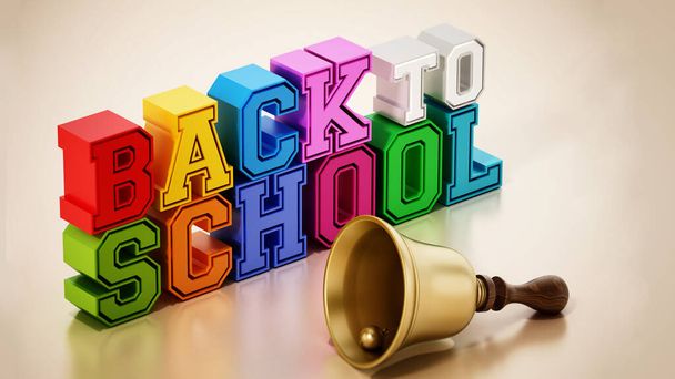 Back to school text and school bell on reflective surface. 3D illustration. - Fotó, kép