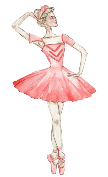 Watercolor dancing ballerina in red dress. Isolated dancing ballerina. Hand drawn classic ballet performance, pose. Young pretty ballerina women illustration. Can be used for postcard and posters. - Photo, image