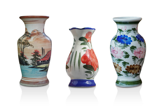 front view old three ceramic vase on white background, object, decor, fashion, gift, vintage - Foto, Imagem