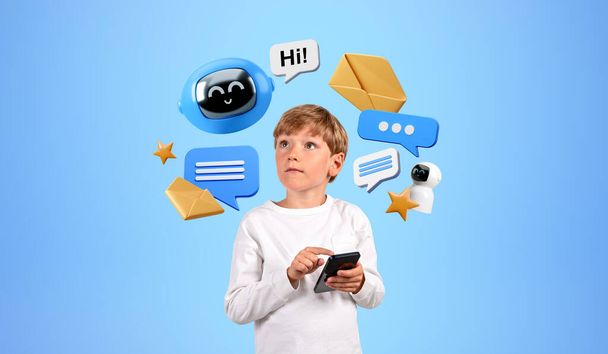 Schoolboy with smartphone in casual clothes standing over blue background with artificial intelligence robot assistant chat icons and speech bubbles. Concept of voice assistant - Φωτογραφία, εικόνα