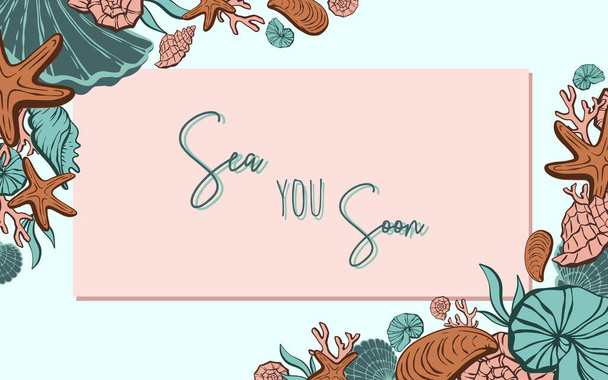 Card template with seashells, corals, seaweed and starfish. Banner, flyer, poster for advertising or free design with space for Text - Vetor, Imagem