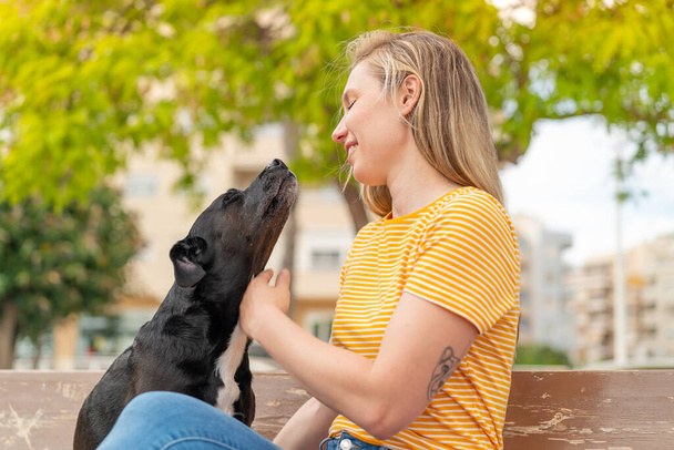Νεαρή ξανθιά γυναίκα με το αξιολάτρευτο μαύρο σκυλί της στην ύπαιθρο - Φωτογραφία, εικόνα