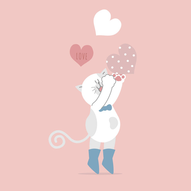 cute cat and hearts, happy valentine's day, birthday, love concept, flat vector illustration cartoon character design isolated - Vektor, Bild