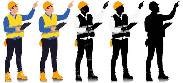 Bauarbeiter mit Ordner in Helm und Weste. Verschiedene Farboptionen. Arbeiter-Silhouette. Handgezeichnete Vektorillustration isoliert auf weiß. Ansicht in voller Länge - Vektor, Bild