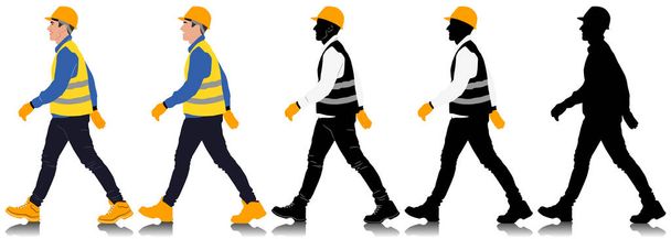 Trabajador de la construcción caminando con casco y chaleco. Diferentes opciones de color. Ilustración vectorial dibujada a mano aislada en blanco. Vista completa - Vector, imagen