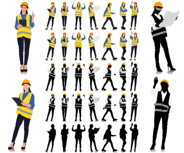 Female construction worker poses wearing helmet and vest. Different color options. Hand-drawn vector illustration isolated on white. Full length view - Vector, imagen