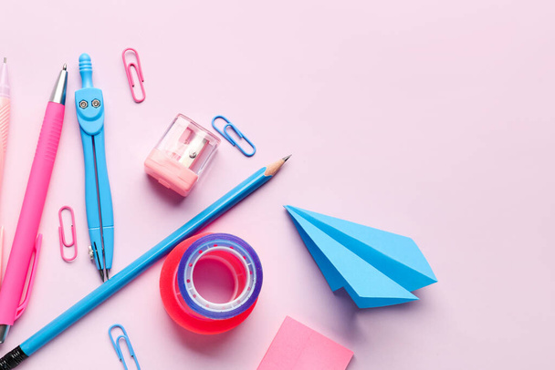 Composition with stationery supplies on pink background - Fotoğraf, Görsel