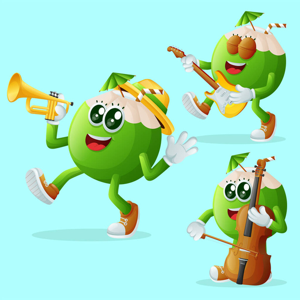 Set of cute coconut characters playing musical instruments. Perfect for kids, merchandise and sticke - Vektor, obrázek