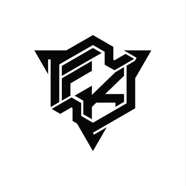 FK Letter Logo μονόγραμμα εξάγωνο σχήμα με περίγραμμα τρίγωνο gaming στυλ πρότυπο σχεδιασμού - Φωτογραφία, εικόνα