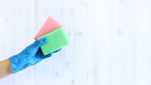Sponges for washing dishes in a female hand on a light wood background. A hand in a latex glove holds two sponges for wet cleaning. Professional cleaning. copy space - Photo, Image