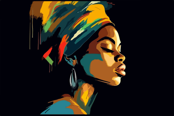 Las vidas negras importan. Retrato de una hermosa mujer afroamericana. Arte vectorial, pintura abstracta aislada en negro.  - Vector, Imagen