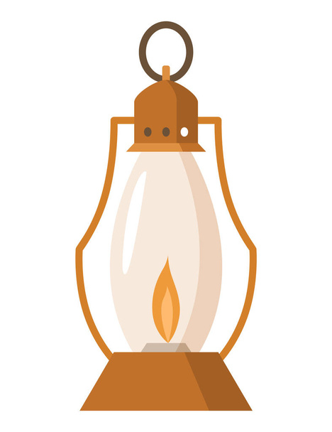 Vintage camping lantern or oil lamp. Handle gas lamps for tourist hiking. Flame glow camp fuel burn isolated on white background. - Vecteur, image