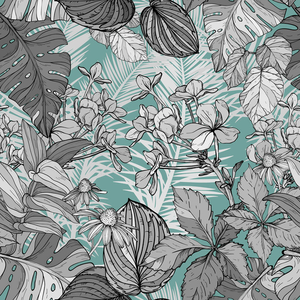 wild plants floral pattern, hand draw flowers. Seamless background for fashion prints. Vector illustration - Vektör, Görsel