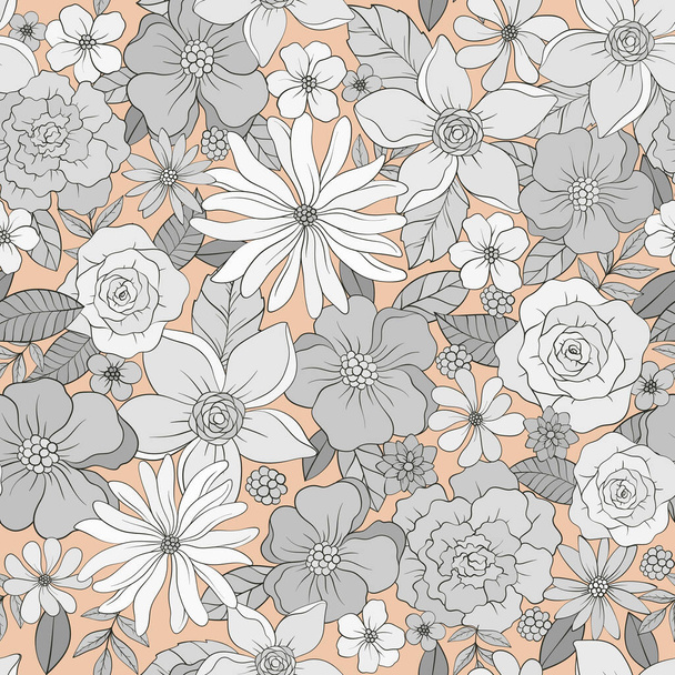 Seamless floral pattern, print with wild flowers. Hand drawn botanical design with small flowers and leaves, monochrome palette. Vector illustration. - Vektor, Bild