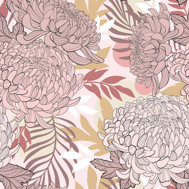 Padrão floral sem costura vetorial. Crisântemo elegante japonês. Ilustração design de luxo para têxteis, papel, papel de parede, cortinas - Vetor, Imagem