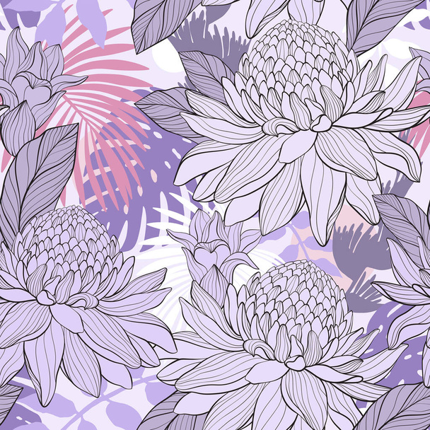 Seamless pattern with tropical plants. Torch ginger Etlingera elatior flowers, abstract hand drawning style. Vector illustration - Vetor, Imagem