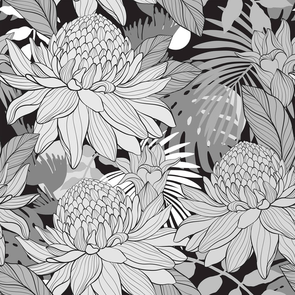 Seamless monochrome pattern with tropical plants. Torch ginger Etlingera elatior flowers, abstract hand drawning style. Vector illustration - Vector, Image