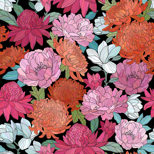 Seamless pattern with various flowers. Peony, chrysantea, magnolia, Torch ginger Etlingera elatior flowers, hand drawning style. Vector illustration - Vetor, Imagem