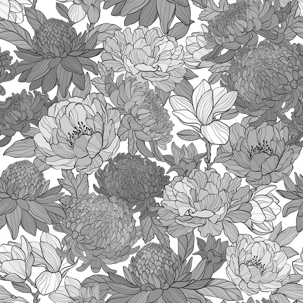 Seamless monochrome pattern with various flowers. Peony, chrysantea, magnolia, Torch ginger Etlingera elatior flowers, hand drawning style. Vector illustration - Vector, Image