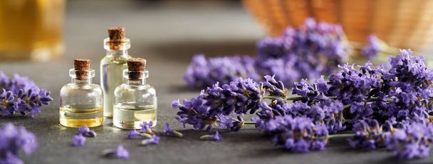 Banner panorámico con botellas de aceite esencial de aromaterapia con flores frescas de lavanda      - Foto, imagen