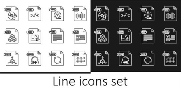 Set line PNG file document DOC AVI GIF 3DS MP3 TXT and XSL icon. Vector. - Wektor, obraz