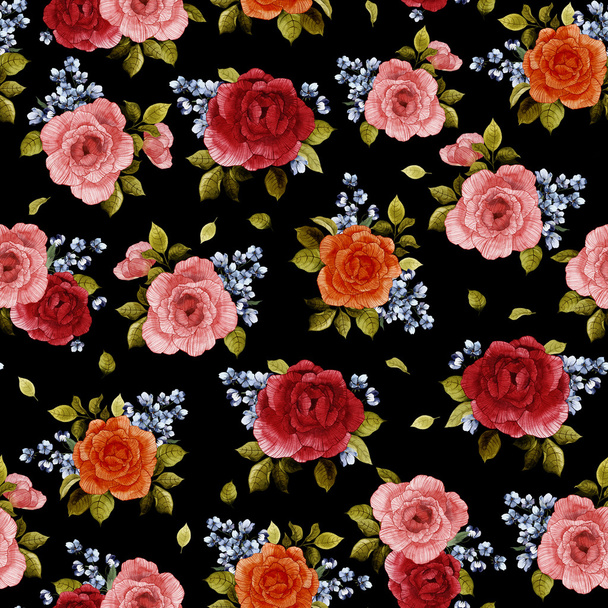 Watercolor pattern with red and pink roses - Foto, imagen