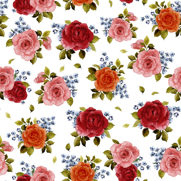 Watercolor pattern with red and pink roses - Foto, Imagen