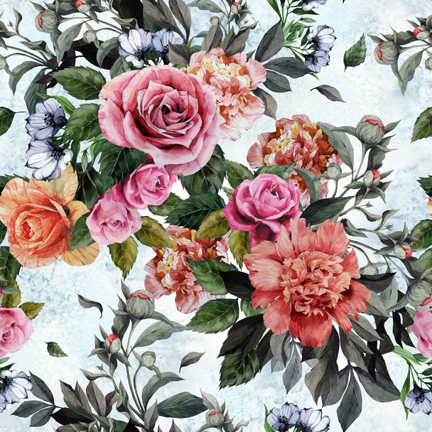 Watercolor roses and peonies floral pattern - Φωτογραφία, εικόνα