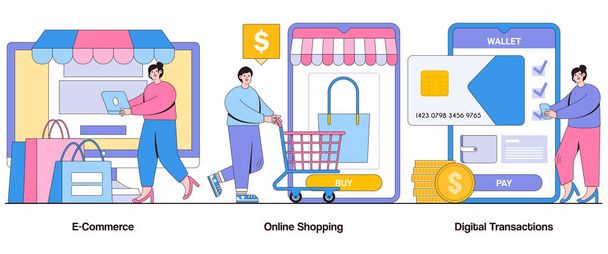 E-Commerce, Shopping Online, Digital Transactions Concept with Character. Cybersecurity Abstract Vector Illustration Set. Crittografia dei dati, Privacy online, Metafora delle transazioni sicure. - Vettoriali, immagini