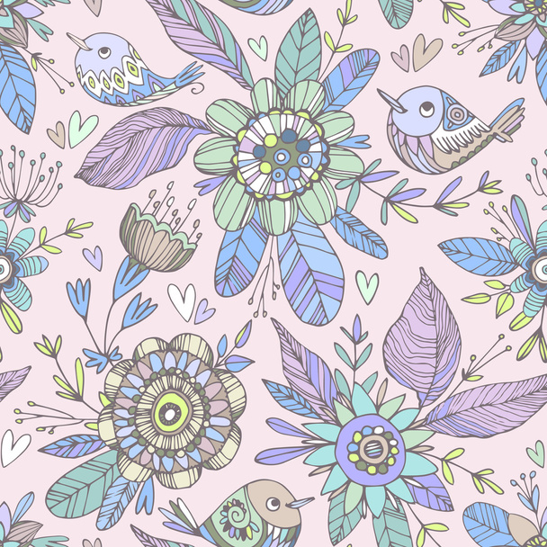 nahtloses Muster mit Vögeln und Blumen - Vektor, Bild
