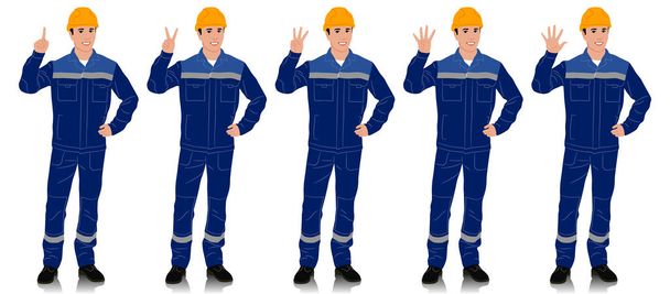 Χειροποίητος εργάτης με κράνος και φόρμα με ζώνη ασφαλείας. Ο εργάτης δείχνει ένα με πέντε δάχτυλα. Διάνυσμα επίπεδη στυλ εικονογράφηση που απομονώνονται σε λευκό. Πλήρης προβολή μήκους - Διάνυσμα, εικόνα