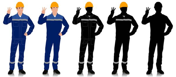 Hand-drawn worker wearing helmet and overalls with safety band. Worker shows three fingers. Vector flat style illustration set isolated on white. Full length view - Vector, Image