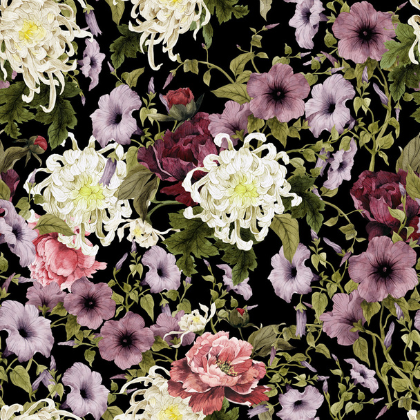 Watercolor chrysanthemum, convolvulus and peonies - Fotó, kép