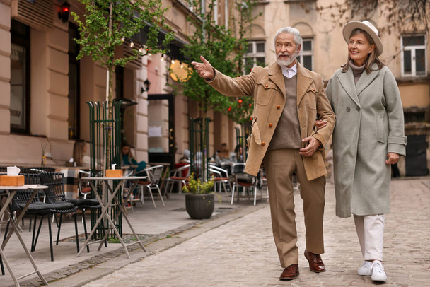 Portrait of affectionate senior couple walking outdoors, space for text - Valokuva, kuva