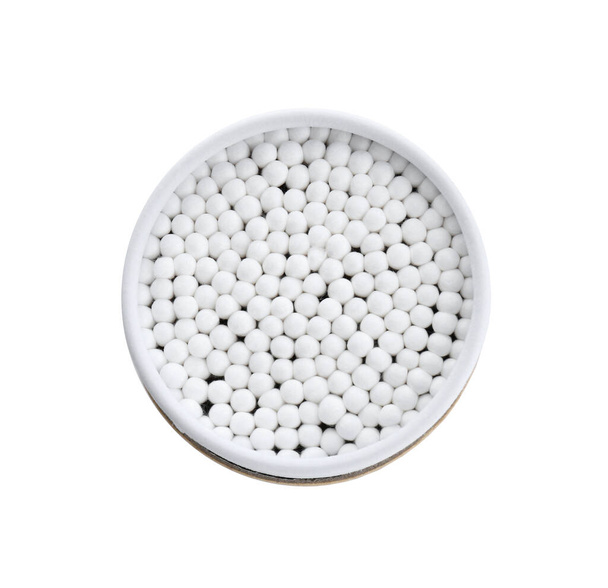 Container with new cotton buds isolated on white, top view - Foto, imagen