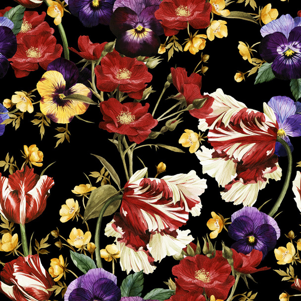 Pattern with tulips, pansy and dog rose - Photo, image