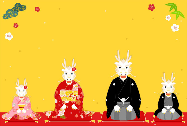 Cartão de Ano Novo japonês para o ano do dragão em 2024, família de dragões (serpente) em quimonos, ilustração vetorial - Vetor, Imagem