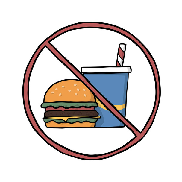 No hay señales de comida o bebida. Una hamburguesa con una taza de refresco. garabato dibujado a mano de dibujos animados - Vector, Imagen