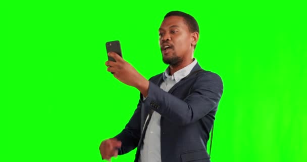 Green screen, selfie and businessman peace sign using a phone for a picture and travel on global journey for holiday. Social media, peace sign and man explore a getaway with app, internet or online. - Footage, Video