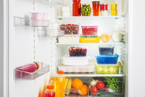 refrigerator with different healthy food - Fotoğraf, Görsel